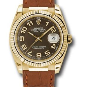 Rolex Yellow Gold Datejust 36 Watch - Fluted Bezel - Brown Arabic Dial - Brown Leather - 116138 brab