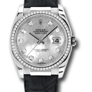 Rolex White Gold Datejust 36 Watch - 60 Diamond Bezel - Mother-Of-Pearl Diamond Dial - Leather - 116189 md