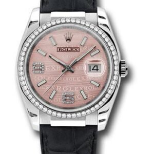 Rolex White Gold Datejust 36 Watch - 60 Diamond Bezel - Pink Wave Diamond 6 And 9 Arabic Dial - Leather - 116189 pwdal