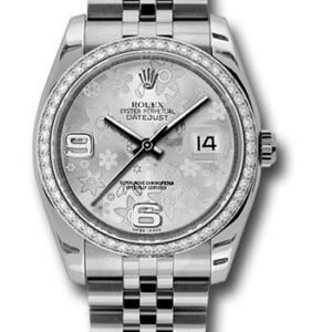 Rolex Steel and White Gold Datejust 36 Watch - 52 Diamond Bezel - Silver Floral Arabic Dial - Jubilee Bracelet - 116244  sfaj