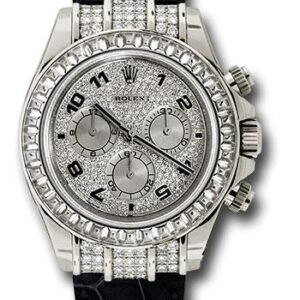 Rolex White Gold Cosmograph Daytona 40 Watch - Pave Diamond Enamel Arabic Dial - Black Leather Strap - 116599TBR