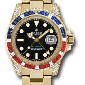 Rolex Yellow Gold GMT-Master II 40 Watch - Sapphire Ruby Diamond Bezel - Black Dial - Oyster Bracelet - 116758SARU