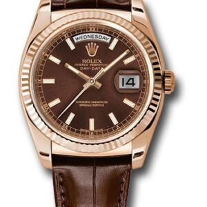 Rolex Everose Gold Day-Date 36 Watch - Fluted Bezel - Chocolate Index Dial - Brown Leather - 118135 chl