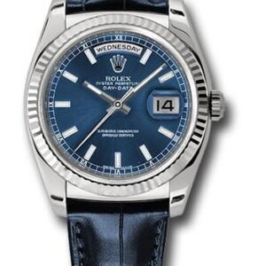 Rolex White Gold Day-Date 36 Watch - Fluted Bezel - Blue Index Dial - Blue Leather - 118139 bll