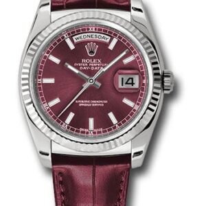 Rolex White Gold Day-Date 36 Watch - Fluted Bezel - Cherry Index Dial - Cherry Leather - 118139 chl