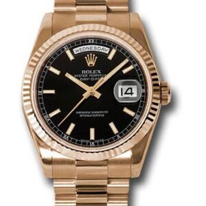 Rolex Pink Gold Day-Date 36 Watch - Fluted Bezel - Black Index Dial - President Bracelet - 118235 bksp