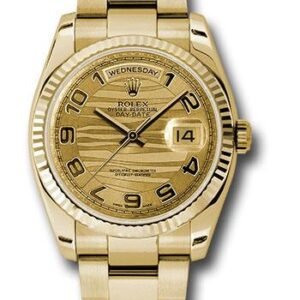 Rolex Yellow Gold Day-Date 36 Watch - Fluted Bezel - Champagne Wave Arabic Dial - Oyster Bracelet - 118238 chwao