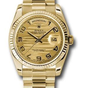 Rolex Yellow Gold Day-Date 36 Watch - Fluted Bezel - Champagne Wave Arabic Dial - President Bracelet - 118238 chwap