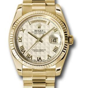 Rolex Yellow Gold Day-Date 36 Watch - Fluted Bezel - Ivory Pyramid Roman Dial - President Bracelet - 118238 iprp