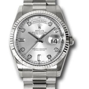 Rolex White Gold Day-Date 36 Watch - Fluted Bezel - Silver Diamond Dial - President Bracelet - 118239 sdp