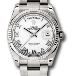 Rolex White Gold Day-Date 36 Watch - Fluted Bezel - White Roman Dial - Oyster Bracelet - 118239 wro