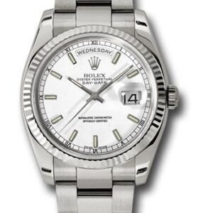 Rolex White Gold Day-Date 36 Watch - Fluted Bezel - White Index Dial - Oyster Bracelet - 118239 wso