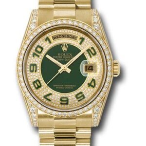 Rolex Yellow Gold Day-Date 36 Watch -  Bezel - Pave Edge Green Dial - President Bracelet - 118388 pgap