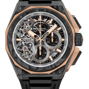 Zenith Defy Extreme Double Tourbillon Watch - 45 mm Carbon And Gold Case - Openworked Dial - Black Rubber Strap - 12.9100.9020/78.I200