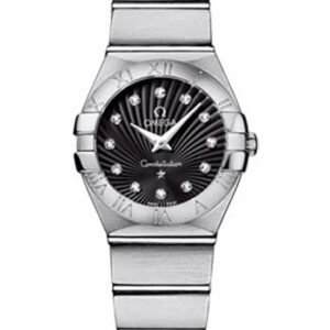 Omega Ladies Constellation Quartz Watch - 24 mm Brushed Steel Case - Black Diamond Dial - 123.10.24.60.51.001