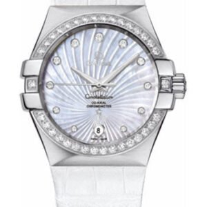 Omega Ladies Constellation Chronometer Watch - 35 mm Brushed Steel Case - Diamond Bezel - Mother-Of-Pearl Supernova Diamond Dial - White Leather Strap - 123.18.35.20.55.001