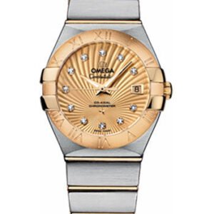 Omega Ladies Constellation Chronometer Watch - 27 mm Brushed Steel And Yellow Gold Case - Champagne Supernova Diamond Dial - 123.20.27.20.58.001