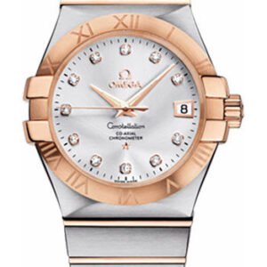 Omega Gents Constellation Chronometer Watch - 35 mm Brushed Steel And Red Gold Case - Silver Diamond Dial - 123.20.35.20.52.001