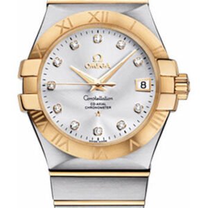 Omega Gents Constellation Chronometer Watch - 35 mm Brushed Steel And Yellow Gold Case - Silver Diamond Dial - 123.20.35.20.52.002