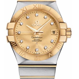 Omega Gents Constellation Chronometer Watch - 35 mm Brushed Steel And Yellow Gold Case - Champagne Diamond Dial - 123.20.35.20.58.001