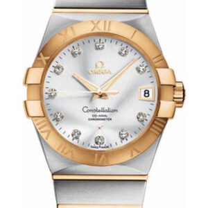 Omega Gents Constellation Chronometer Watch - 38 mm Brushed Steel And Yellow Gold Case - Silver Diamond Dial - 123.20.38.21.52.002