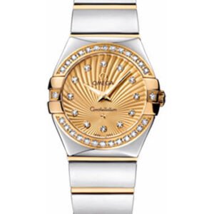 Omega Ladies Constellation Polished Quartz Watch - 24 mm Polished Steel And Yellow Gold Case - Diamond Bezel - Champagne Diamond Dial - Steel And Yellow Gold Bracelet - 123.25.24.60.58.002