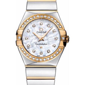 Omega Ladies Constellation Polished Quartz Watch - 27 mm Polished Steel And Yellow Gold Case - Diamond Bezel - Mother-Of-Pearl Diamond Dial - Steel And Yellow Gold Bracelet - 123.25.27.60.55.007