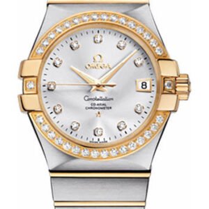 Omega Gents Constellation Chronometer Watch - 35 mm Brushed Steel And Yellow Gold Case - Diamond Bezel - Silver Diamond Dial - 123.25.35.20.52.002