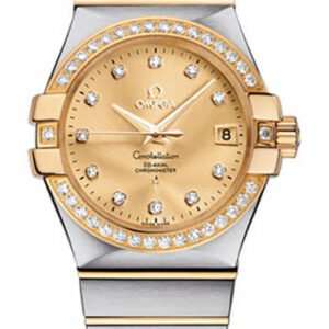 Omega Gents Constellation Chronometer Watch - 35 mm Brushed Steel And Yellow Gold Case - Diamond Bezel - Champagne Diamond Dial - 123.25.35.20.58.001