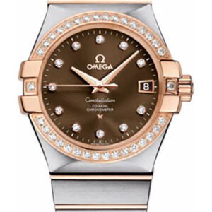 Omega Gents Constellation Chronometer Watch - 35 mm Brushed Steel And Red Gold Case - Diamond Bezel - Brown Diamond Dial - 123.25.35.20.63.001