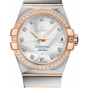 Omega Gents Constellation Chronometer Watch - 38 mm Brushed Steel And Red Gold Case - Diamond Bezel - Silver Diamond Dial - 123.25.38.21.52.001