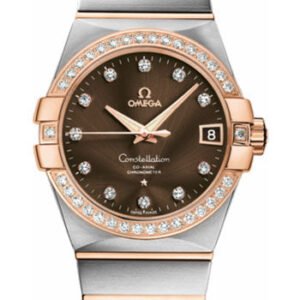 Omega Gents Constellation Chronometer Watch - 38 mm Brushed Steel And Red Gold Case - Diamond Bezel - Brown Diamond Dial - 123.25.38.21.63.001