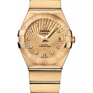 Omega Ladies Constellation Chronometer Watch - 27 mm Brushed Yellow Gold Case - Champagne Supernova Diamond Dial - 123.50.27.20.58.001