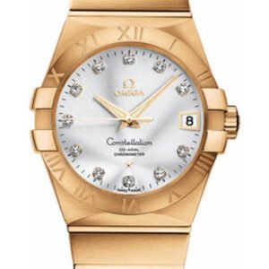Omega Gents Constellation Chronometer Watch - 38 mm Brushed Yellow Gold Case - Silver Diamond Dial - 123.50.38.21.52.002