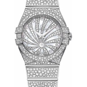 Omega Ladies Constellation Luxury Edition Watch - 24 mm White Gold Case - Snow-Set Diamond Bezel - Mother-Of-Pearl Diamond Dial - 123.55.24.60.55.010