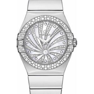 Omega Ladies Constellation Luxury Edition Watch - 27 mm White Gold Case - Snow-Set Diamond Bezel - Mother-Of-Pearl Diamond Dial - 123.55.27.60.55.014