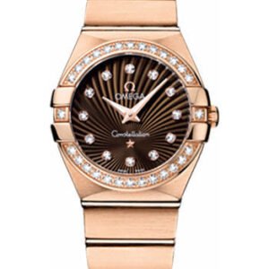 Omega Ladies Constellation Quartz Watch - 27 mm Brushed Red Gold Case - Diamond Bezel - Brown Diamond Dial - 123.55.27.60.63.001