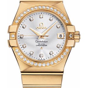 Omega Gents Constellation Chronometer Watch - 35 mm Brushed Yellow Gold Case - Diamond Bezel - Silver Diamond Dial - 123.55.35.20.52.002