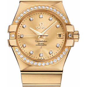 Omega Gents Constellation Chronometer Watch - 35 mm Brushed Yellow Gold Case - Diamond Bezel - Champagne Diamond Dial - 123.55.35.20.58.001
