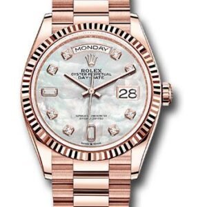 Rolex Everose Gold Day-Date 36 Watch - Fluted Bezel - Mother-of-Pearl Diamond Dial - President Bracelet - 128235 mdp