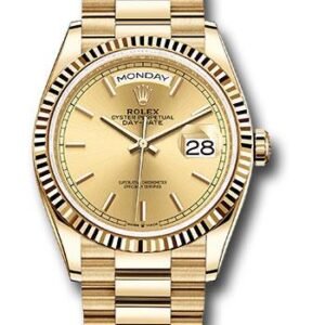 Rolex Yellow Gold Day-Date 36 Watch - Fluted Bezel - Champagne Index Dial - President Bracelet - 128238 chip
