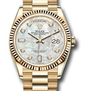 Rolex Yellow Gold Day-Date 36 Watch - Fluted Bezel - Mother-of-Pearl Diamond Dial - President Bracelet - 128238 mdp