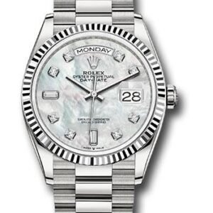Rolex White Gold Day-Date 36 Watch - Fluted Bezel - Mother-of-Pearl Diamond Dial - President Bracelet - 128239 mdp