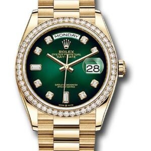 Rolex Yellow Gold Day-Date 36 Watch - Diamond Bezel - Green Ombre Diamond Dial - President Bracelet - 128348RBR godp