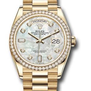 Rolex Yellow Gold Day-Date 36 Watch - Diamond Bezel - Mother-of-Pearl Diamond Dial - President Bracelet - 128348RBR mdp