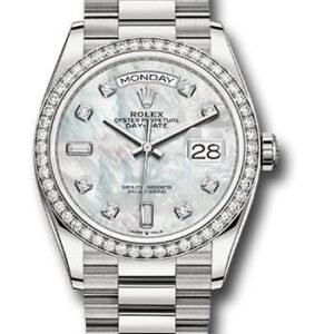 Rolex White Gold Day-Date 36 Watch - Diamond Bezel - Mother-of-Pearl Diamond Dial - President Bracelet - 128349RBR mdp