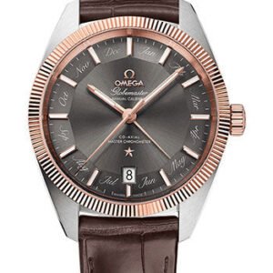 Omega Constellation Globemaster Co-Axial Master Chronometer Annual Calendar Watch - 41 mm Steel And Sedna Gold Case - Sedna Gold Fluted Bezel - Grey Dial - Brown Leather Strap - 130.23.41.22.06.001