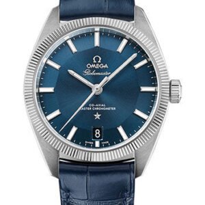 Omega Constellation Globemaster Co-Axial Master Chronometer Watch - 39 mm Steel Case - Fluted Bezel - Blue Dial - Blue Leather Strap - 130.33.39.21.03.001