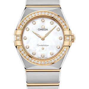 Omega Constellation Manhattan Quartz Watch - 28 mm Steel And Yellow Gold Case - Diamond-Paved Bezel - Mother-Of-Pearl Diamond Dial - 131.25.28.60.55.002