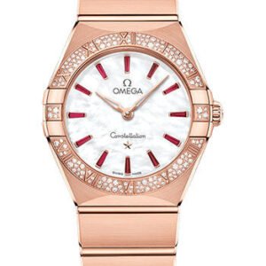 Omega Constellation Quartz - 28 mm Sedna Gold Case - Diamond Bezel - White Pearled Mother-Of-Pearl Ruby Dial - 131.55.28.60.55.004